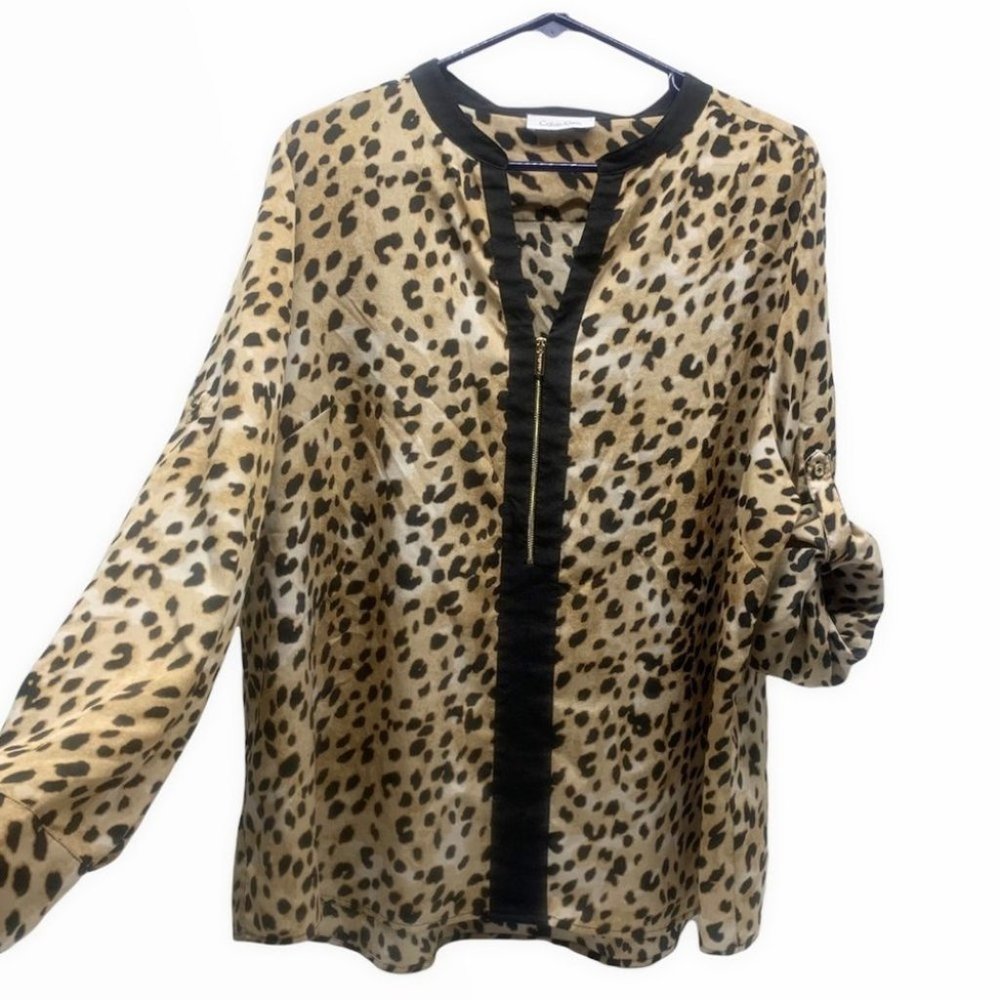 Calvin Klein Leopard Print Blouse in Tan and Black
